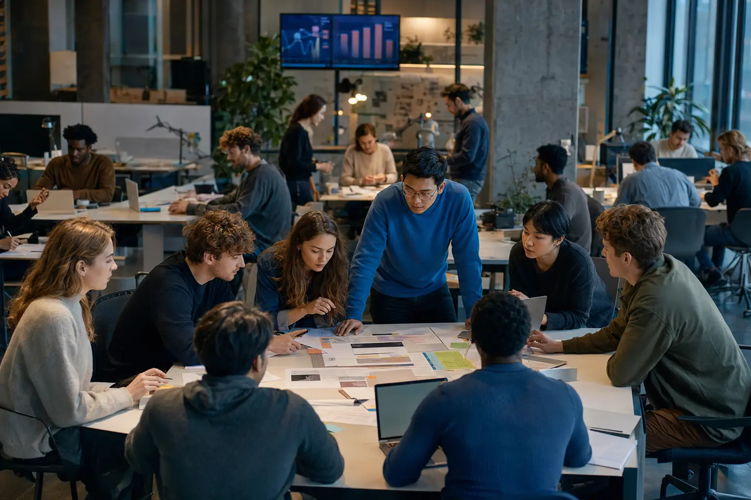A team collaborating around a strategy table