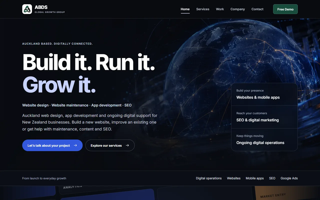 ABDS desktop homepage with service navigation, a globe illustration and project enquiry links