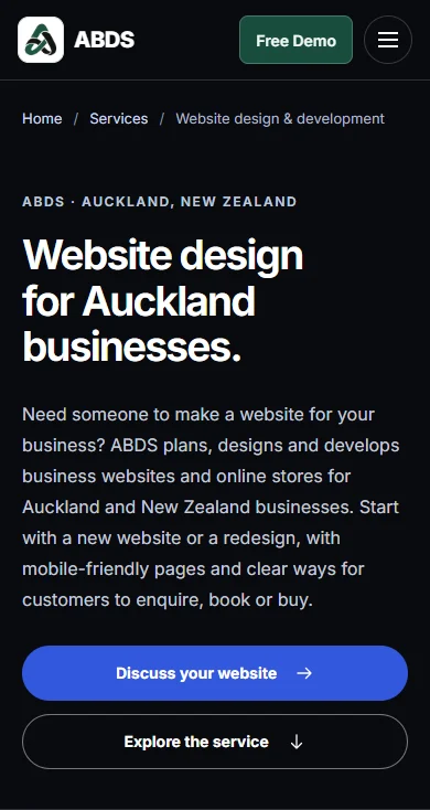 ABDS website design page on mobile, showing the compact header, service introduction and enquiry button